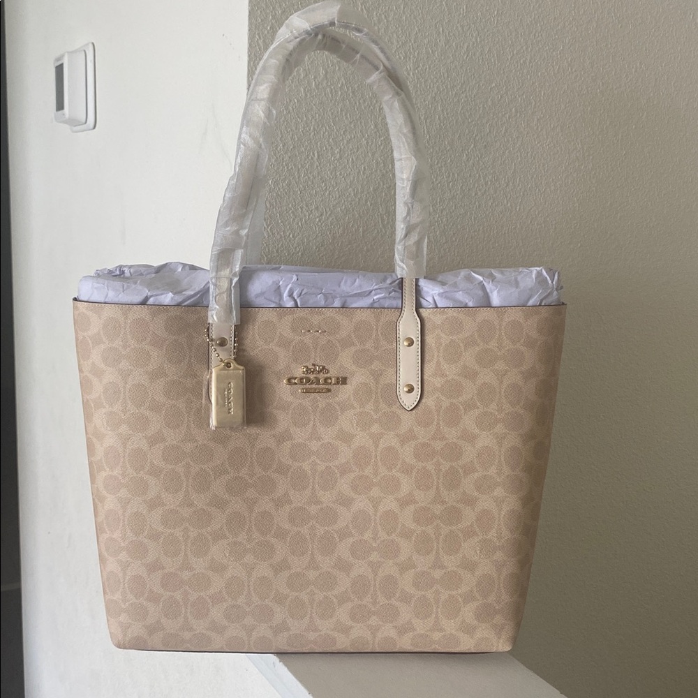 Coach Beige and White Tote Bag